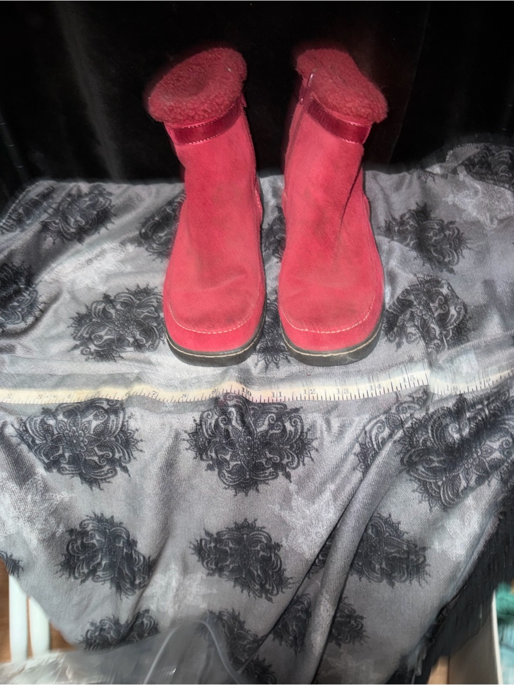 Lands' End Red Suede Shearling-Cuff Heeled Boots